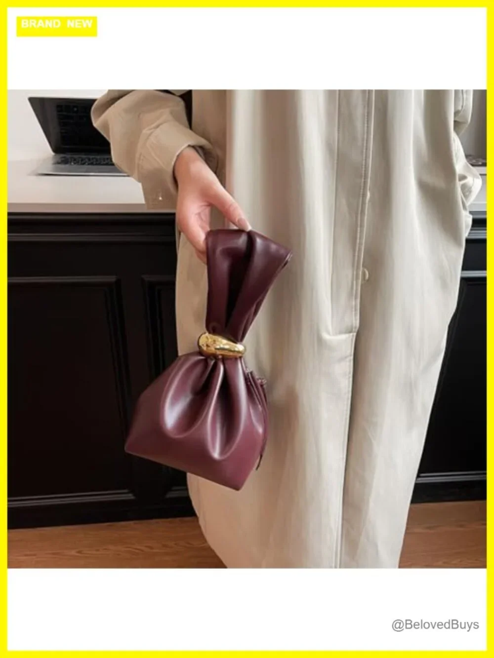 Vegan Leather Knot Clutch Purse Wristlet Mini Tote Handbag with Gold Hardware